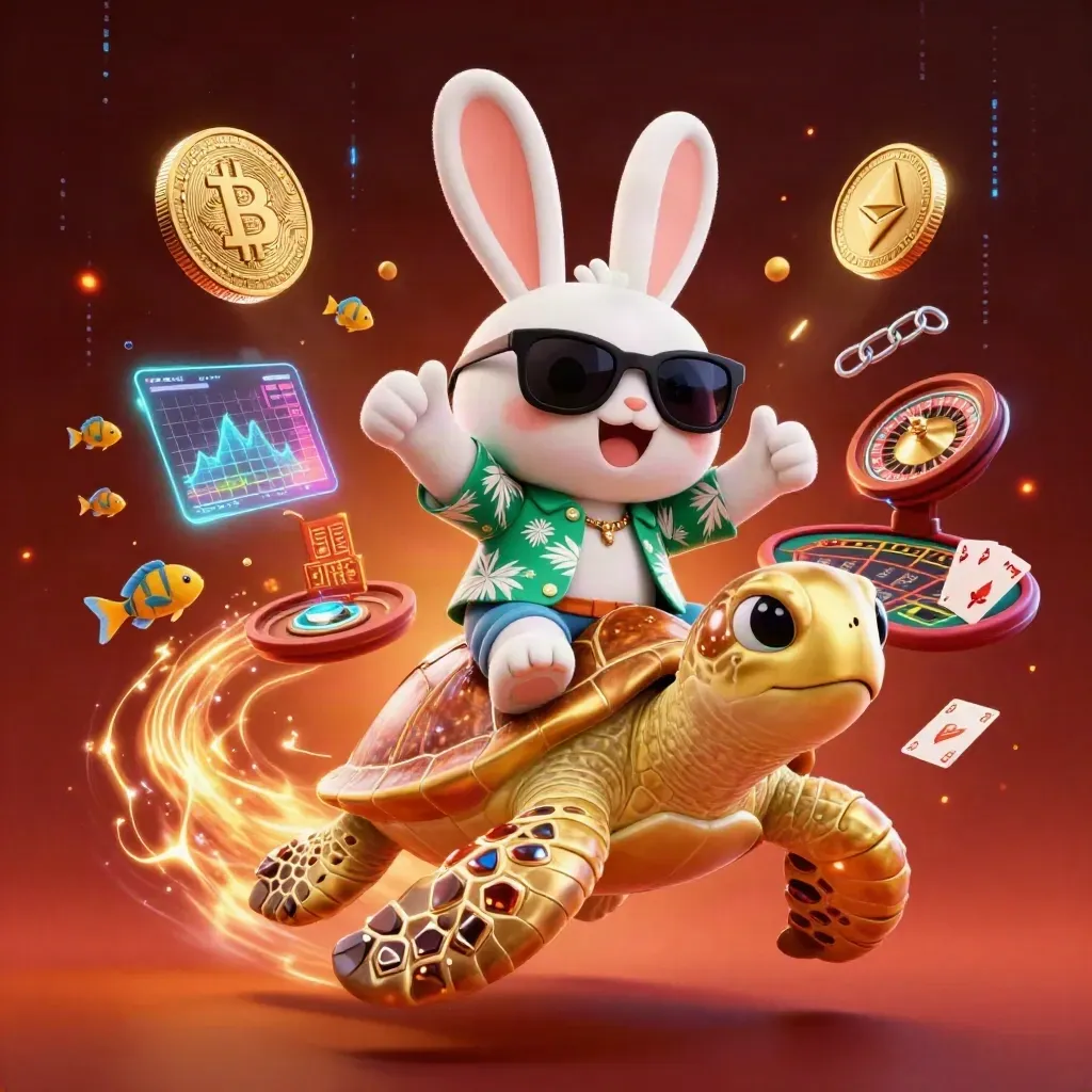 Rabbit riding a golden sea turtle amid casino and crypto neon effects.