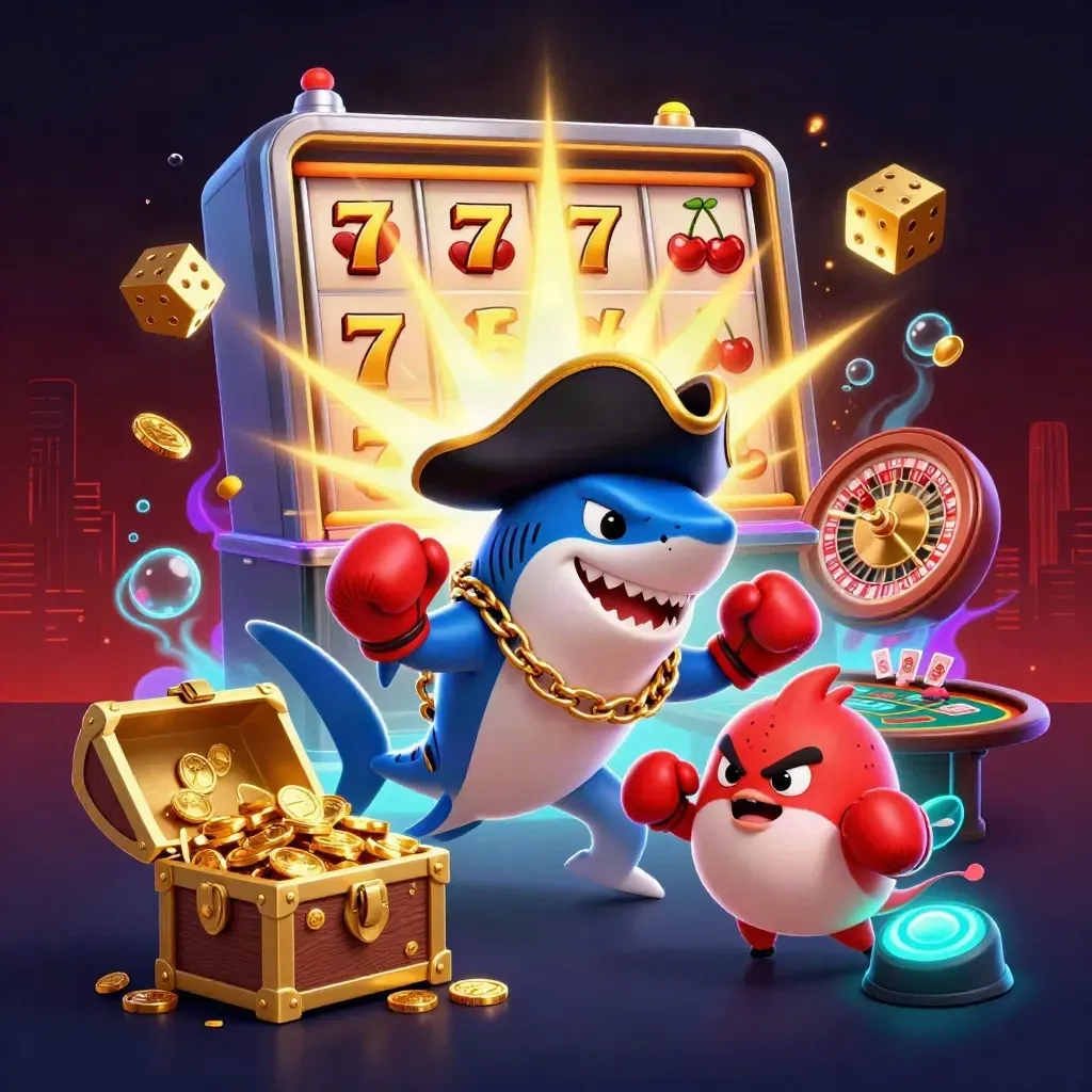Pirate shark, boxing pufferfish, and coin-juggling octopus amid casino treasure and neon light.
