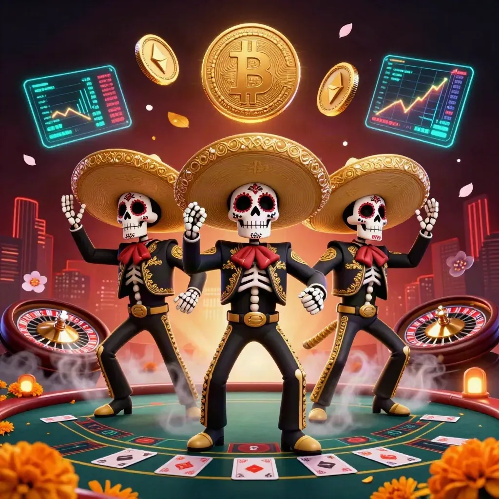 Three skeleton mariachi performers amid glowing crypto coins, casino lights, and a spinning roulette wheel.