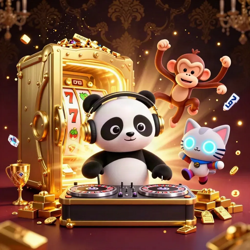 DJ panda, breakdancing monkey, and glow-stick kitten burst from a golden vault in a luxe casino rave.