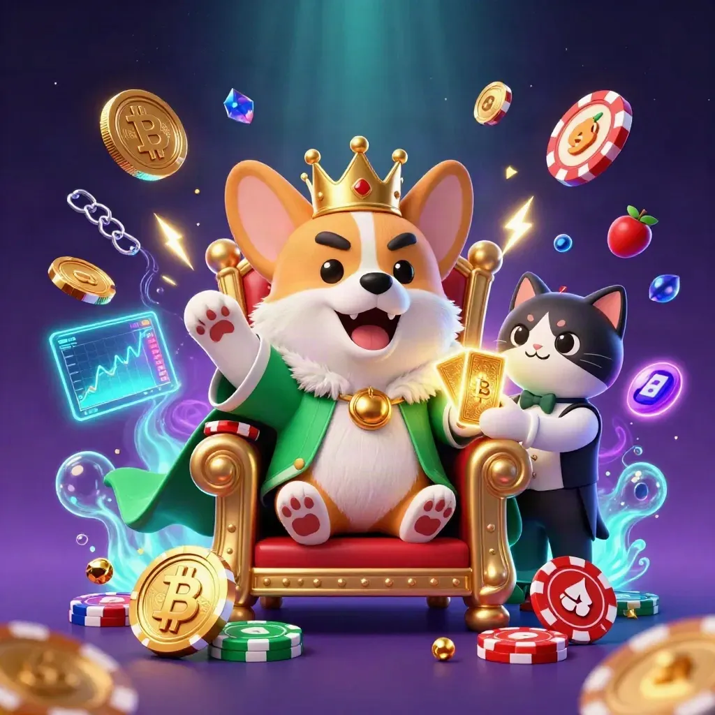 Royal corgi and cat butler amid glowing coins, chips, and neon casino energy.