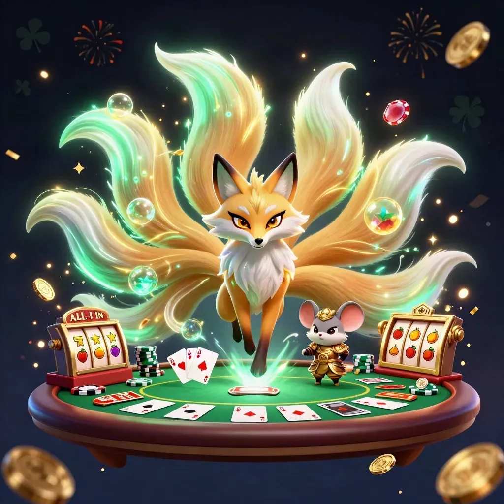 Nine-tailed fox spirit and armored mouse amid casino magic, chips, cards, and treasure