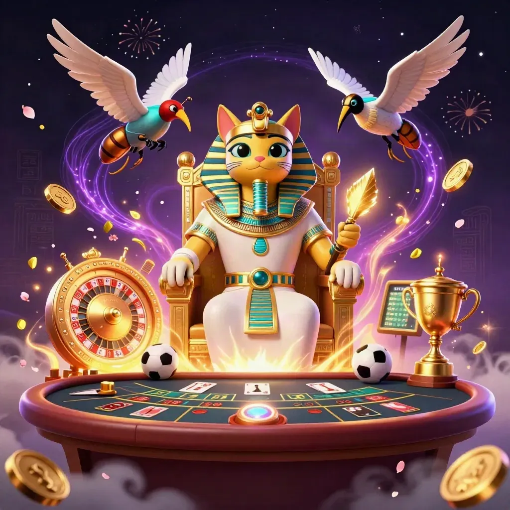 Pharaoh cat, ibis scribe, and scarabs amid coins, trophy, roulette spin, and casino fireworks.