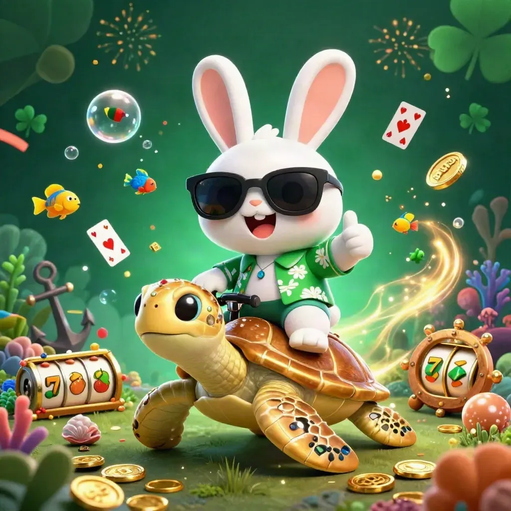 Cartoon rabbit riding a jeweled sea turtle amid casino treasure and glowing ocean effects.