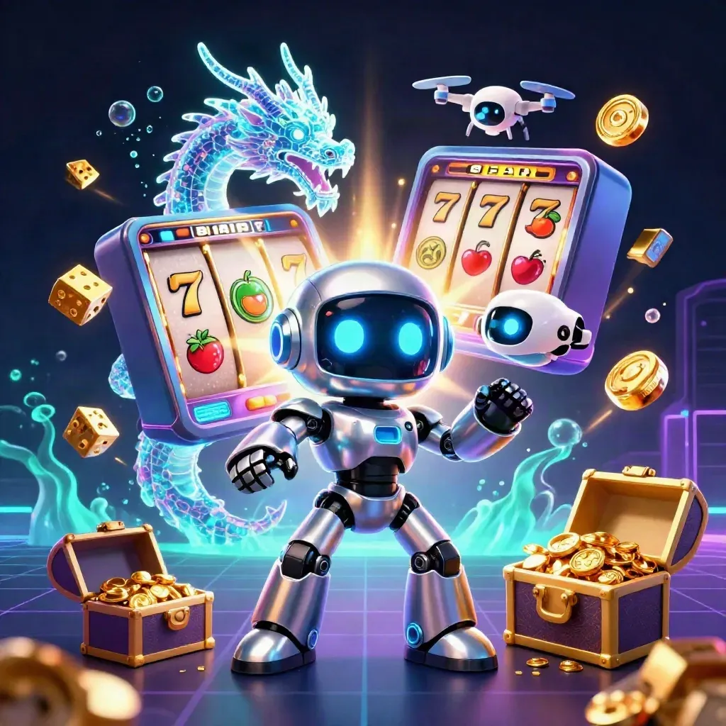 Chrome cyberpunk robot, holographic dragon, coin drone, exploding slot machine, gold and neon casino energy