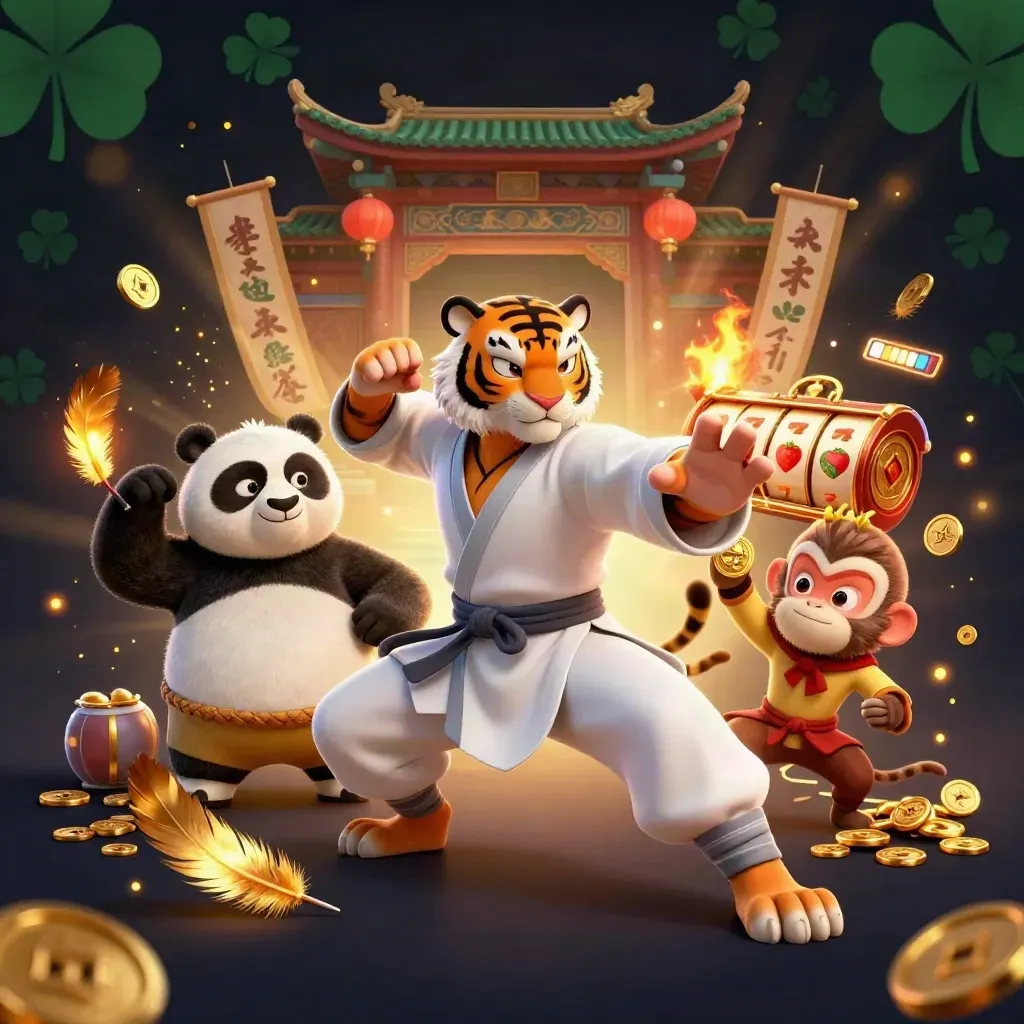 Kung-fu tiger, panda, and monkey amid gold sparks, temple gate, slot symbols, and emerald glow.